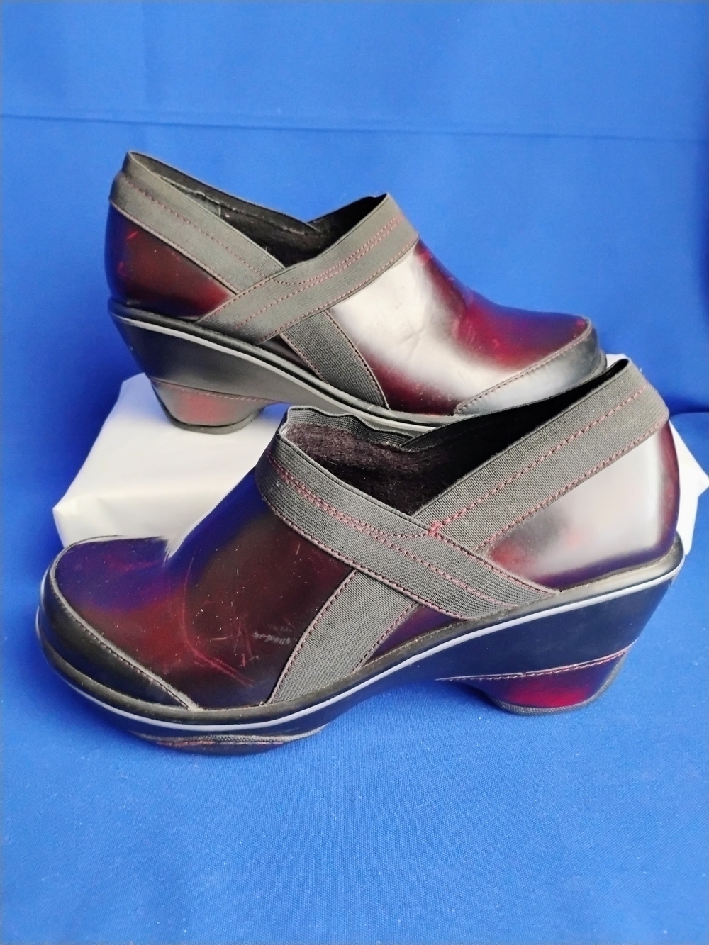 Jambu Burgundy Slip-On Heeled Clog with Elastic Cross Straps